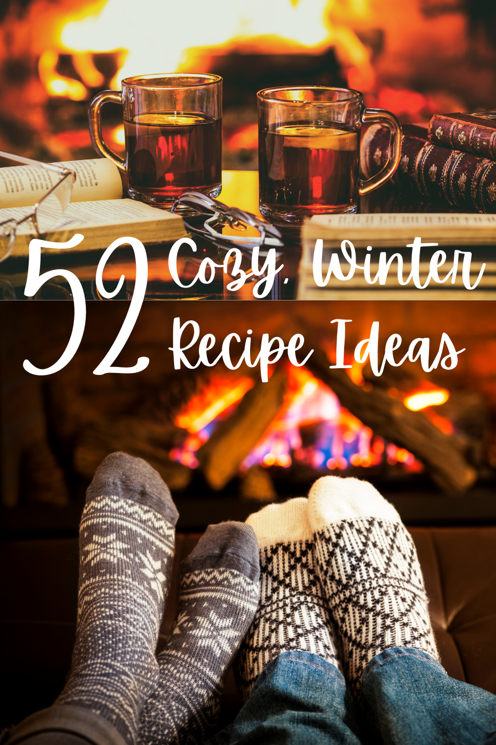 hot apple cider with a fireplace in the background and feet in winter knit socks